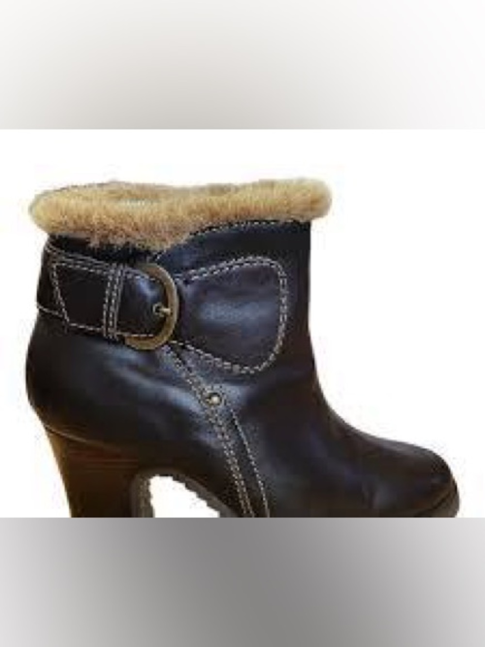 Women's Dark Brown Faux-Fur Trim Mid-Calf Heeled Boots, size 7.5